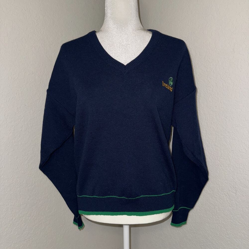 Blarney‎ Woollen Mills Sweater Adult Medium Navy Blue Ireland Shamrock V-Neck